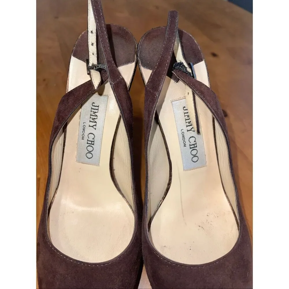 Jimmy‎ Choo Suede Open Toe Pumps Slingback Heels Brown 37.5-7